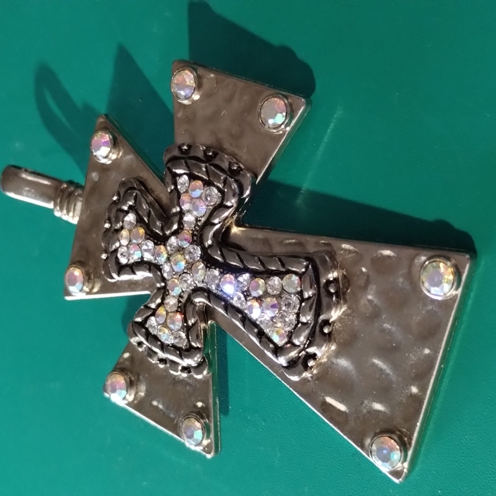 Silver Cross Pendant Scarf Clip with Irredesent Rhinestones